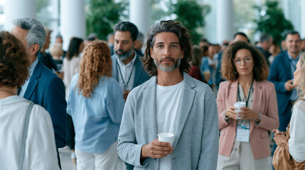 Obraz premium professional holding coffee at crowded networking venue representing business conference event and social gathering interaction