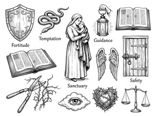 Obraz premium Ink sketch illustration, mother protect daughter from sin, symbolic object set, isolated on white