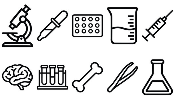 Science equipment line icons set microbiology biology chemistry and anatomy illustrations