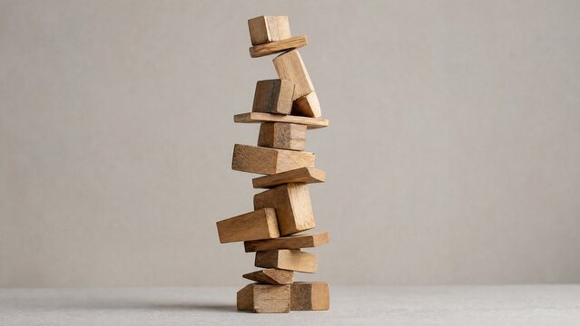 A precarious tower of wooden blocks stacked at unstable angles.
