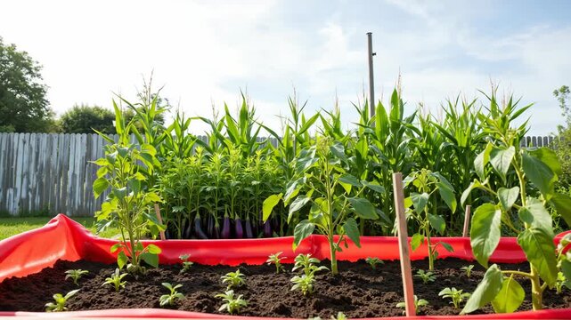 A thriving garden plot with corn plants in the center and colorful bell peppers growing around them.