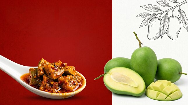 Spicy mango pickle in a white spoon and fresh raw green mangoes on a split red and white background