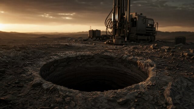 Desolate exploration site at dusk with dark borehole and drill rig, dramatic low-angle lighting.