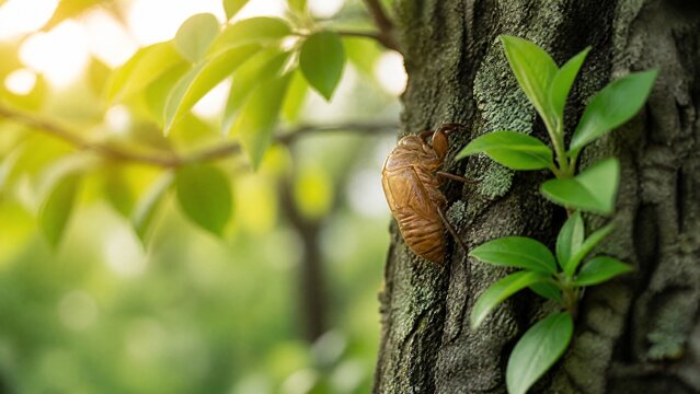 Empty cicada shell on tree bark with green leaves, symbolic transformation in soft morning light.