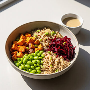Healthy vegan Buddha bowl with fluffy quinoa, roasted sweet potato cubes, edamame, and shredded beetroot. Served with creamy tahini dressing. Plant-based nutrition and clean eating concept.