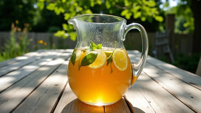Glass pitcher of lemonade with ice and a slice of lemon. Perfect for outdoor dining or picnics.