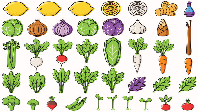 Set of colorful garden vegetables and fruits icons in rows
