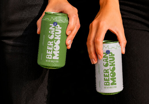 Two Hands Holding Beer Cans Mockup