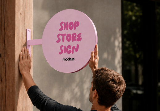  Round Storefront Sign Board Wall Mockup