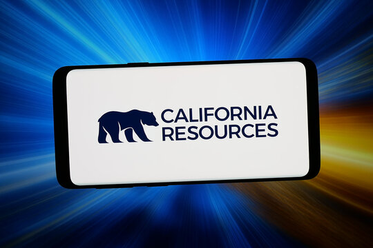 Stuttgart, Germany - 06-12-2026: In this photo illustration, the logo of company California Resources Corporation CRC is displayed on a smartphone in front of abstract background on computer screen.