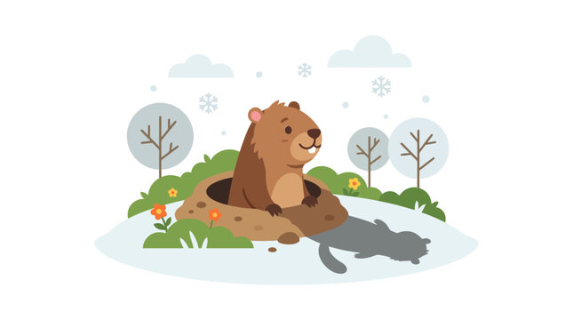 Groundhog emerging from burrow seeing shadow in winter.