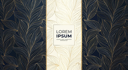 Luxury background with golden tropical leaves on dark blue, elegant botanical pattern for wedding invitation, greeting card, or banner design © Saharia