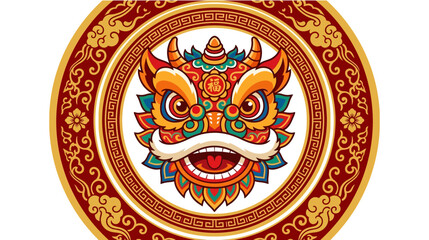 Traditional ornate Chinese lion dance head in circular frame. © Ferly