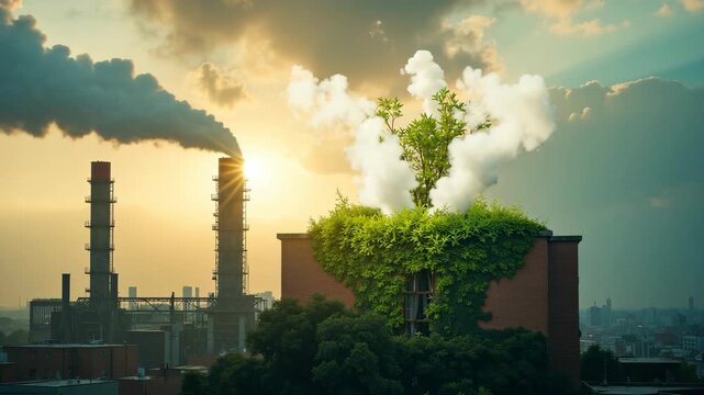 A city skyline with a factory transformed into a lush garden by nature's growth.