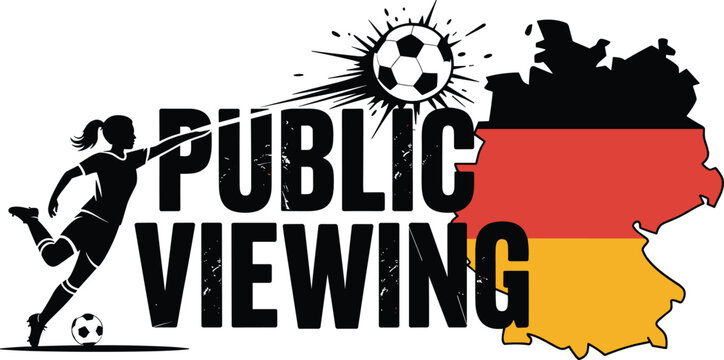Germany football public viewing event typographic vector design with female player silhouette ball and german map flag isolated on white background