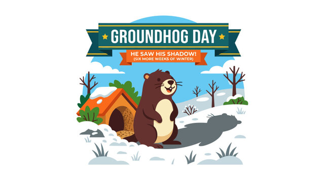 Groundhog Day illustration with groundhog seeing its shadow.