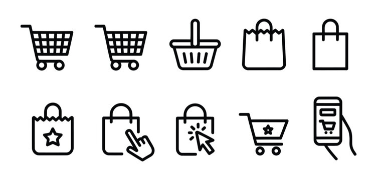 Shopping bag and cart outline icon vector set, online purchase symbols, trolley signs, ecommerce retail illustrations, and modern shopping icons for websites, mobile apps, stores, and digital commerce
