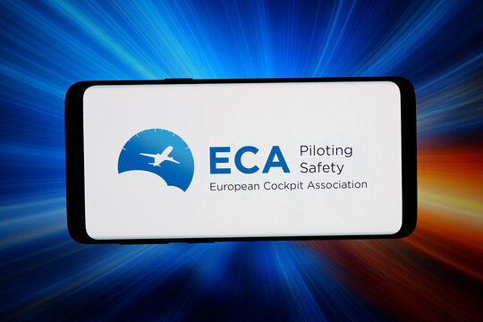 Stuttgart, Germany - 06-12-2026: In this photo illustration, the logo of trade union European Cockpit Association ECA is displayed on a smartphone in front of abstract background on computer screen.