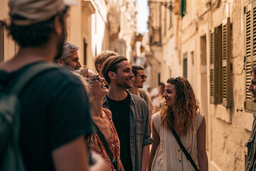 Fototapeta premium Friends enjoying a sunny stroll through a charming cobblestone alleyway