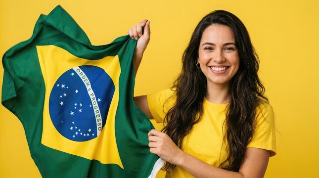 Smiling young woman holding brazilian flag against yellow studio background