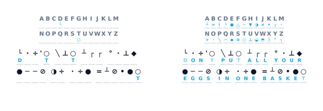 Secret code game displayed with letters, symbols,  numbers on paper. proverbs and sayings
