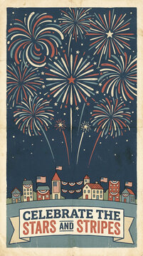 Hand Drawn Fireworks Filling The Sky Above Tiny Town