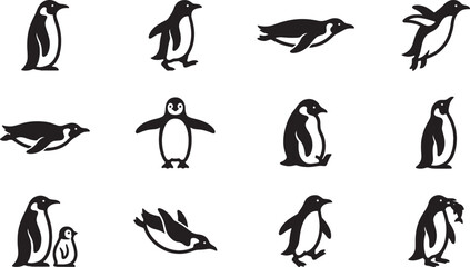 Set of minimalist black penguin icons showing various poses and swimming © MstAsma