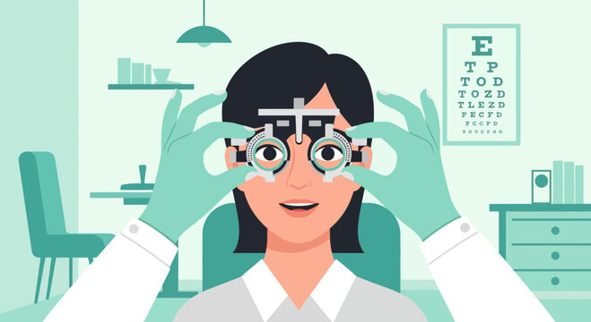Optometrist examining patient's eyes with phoropter in clinic, eye test chart.