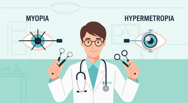 Optometrist explaining myopia and hypermetropia vision correction