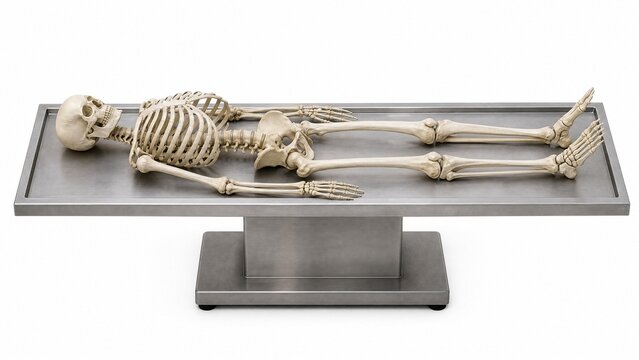 Complete human skeletal model on anatomical dissection table, joints visible, clean white background.