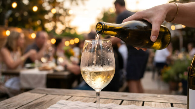 Woman pouring white wine into glass at outdoor party. Celebration at dinner with friend. Concept of dining, beverage service, social event, summer evening and relaxation lifestyle.