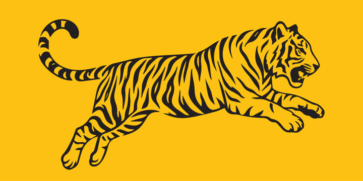 Jumping tiger vector illustration, pouncing wild cat full body line art