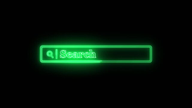 Glowing green neon search bar animation with magnifying glass icon and search text on black background, digital navigation, browsing, or web surfing