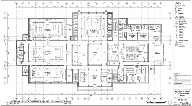 Ground floor plan of the boston museum of contemporary art, detailed architectural layout
