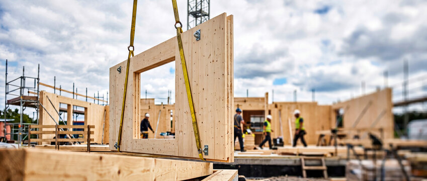 Wooden panel construction with crane lifting prefabricated wall panel at active building site with workers