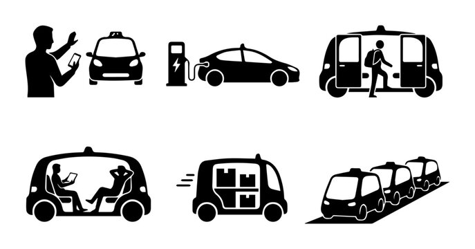 Future Mobility Icons: Autonomous Cars, Ride-Sharing Taxis, Electric Vehicles, Delivery Vans, and Futuristic Transport Concepts
