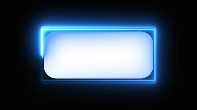 Blue neon rectangle frame animation with white glowing center on black background, digital signage, futuristic display, tech border, or motion graphics