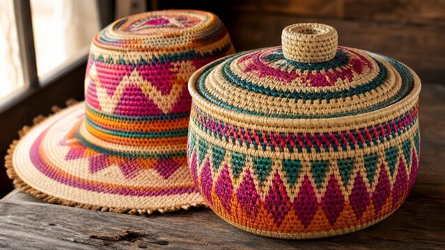 Close-up of handwoven raffia basket and hat with vibrant patterns.