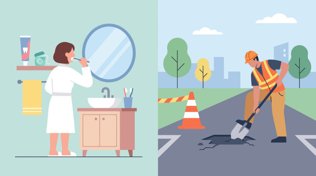 Split screen of tooth brushing and road maintenance repair.