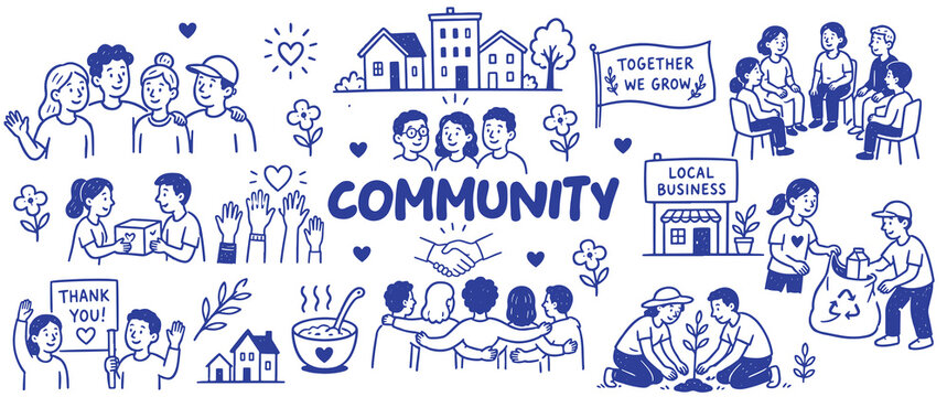 Community doodle outline icon set. Hand drawn vector illustration.