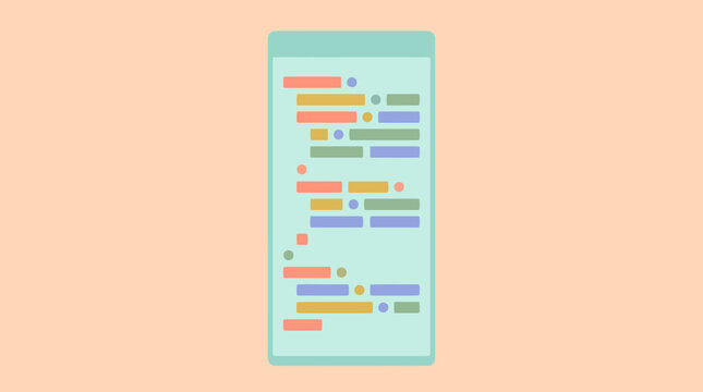 Mobile app programming and software development code screen illustration.