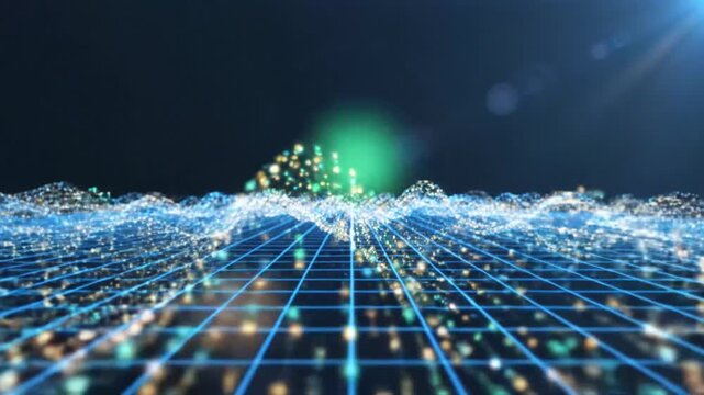 Abstract technology grid with glowing blue particles and waves