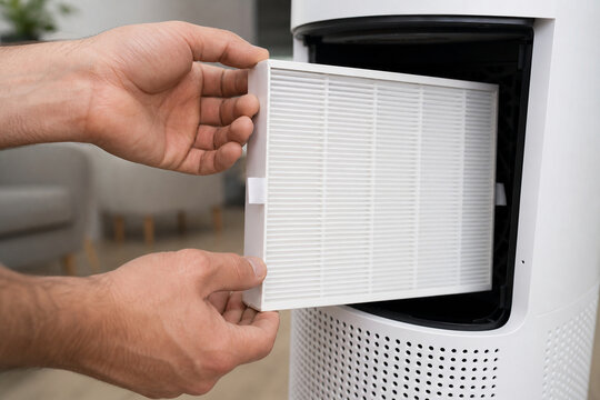 Close-up of hands installing a clean white filter in a home air purifier, showing appliance maintenance and indoor air quality care.