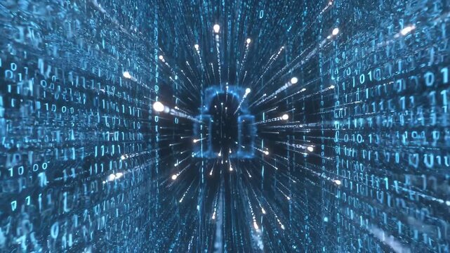 Flowing binary lines forming abstract digital tunnel, luminous tech style on dark backdrop, concept of data motion