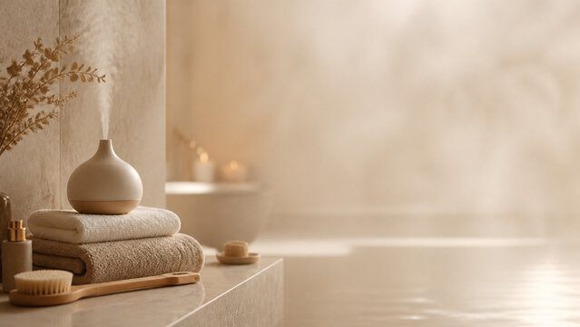 Warm spa bathroom scene with an aromatherapy diffuser, folded towels, bath brush, candles, and soft beige wellness decor.