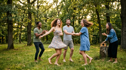 Fototapeta premium Group of diverse woman and man friends dancing and laughing in the park. Happy young people enjoying summer day together outdoors. Community, friendship and fun social leisure activity.