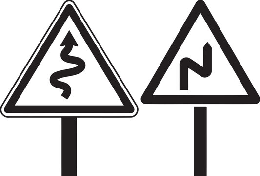 Road signs for winding and sharp turn ahead.