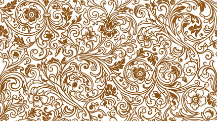 Brown floral seamless pattern on white background, intricate baroque ornamental design © Fatimah