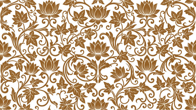 Brown floral seamless pattern with lotus flowers and leaves on white background