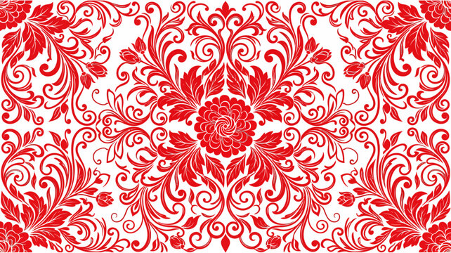 Ornate red floral pattern, symmetrical design, vector illustration